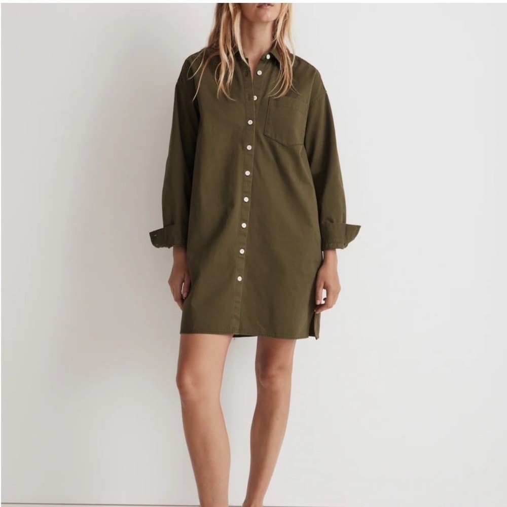 Madewell Shirt Dress Women Medium Olive Green Cotton Twill Oversized Button Down